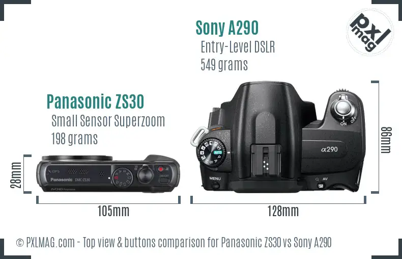 Panasonic ZS30 vs Sony A290 top view buttons comparison