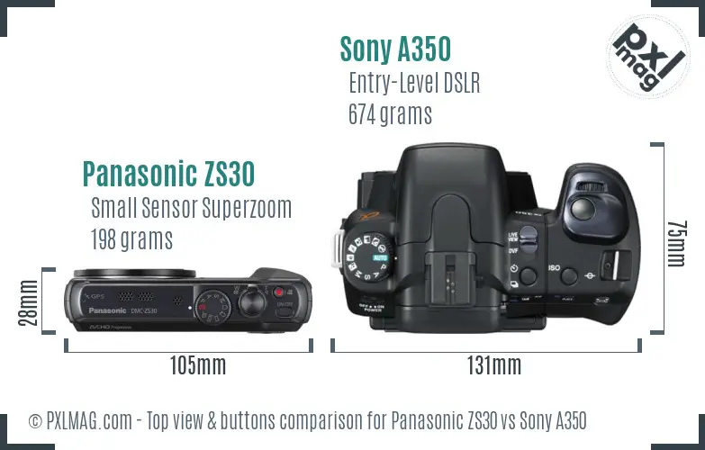 Panasonic ZS30 vs Sony A350 top view buttons comparison Panasonic ZS30 vs Sony A350 top view buttons comparison