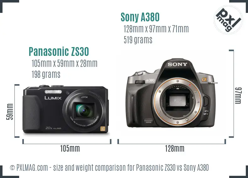 Panasonic ZS30 vs Sony A380 size comparison