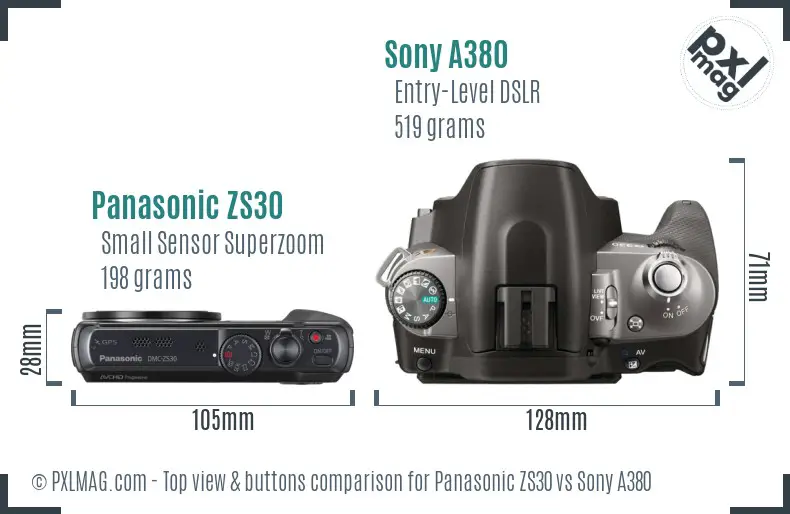 Panasonic ZS30 vs Sony A380 top view buttons comparison