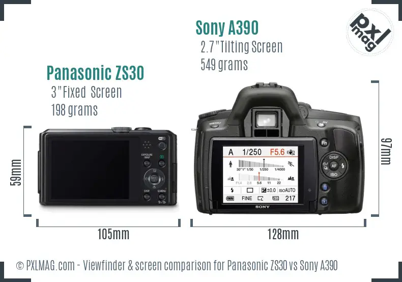 Panasonic ZS30 vs Sony A390 Screen and Viewfinder comparison