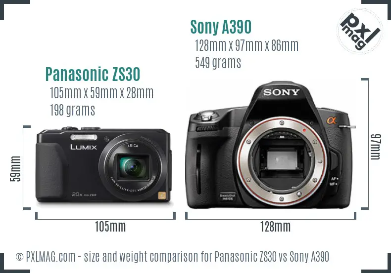 Panasonic ZS30 vs Sony A390 size comparison Panasonic ZS30 vs Sony A390 size comparison