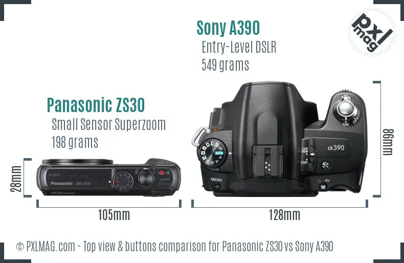 Panasonic ZS30 vs Sony A390 top view buttons comparison