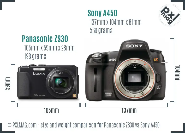 Panasonic ZS30 vs Sony A450 size comparison