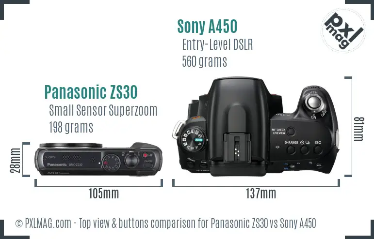 Panasonic ZS30 vs Sony A450 top view buttons comparison