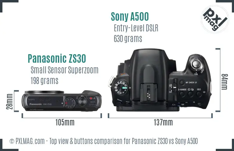 Panasonic ZS30 vs Sony A500 top view buttons comparison Panasonic ZS30 vs Sony A500 top view buttons comparison