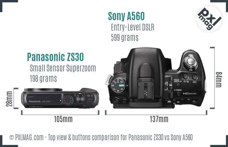 Panasonic ZS30 vs Sony A560 top view buttons comparison