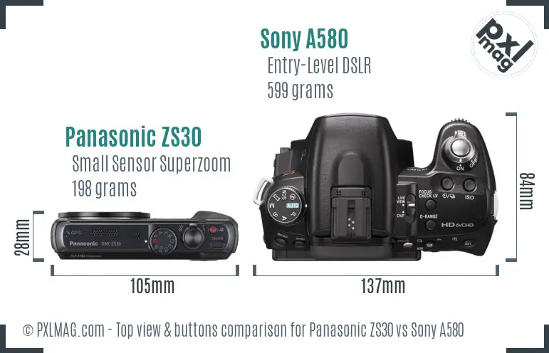 Panasonic ZS30 vs Sony A580 top view buttons comparison