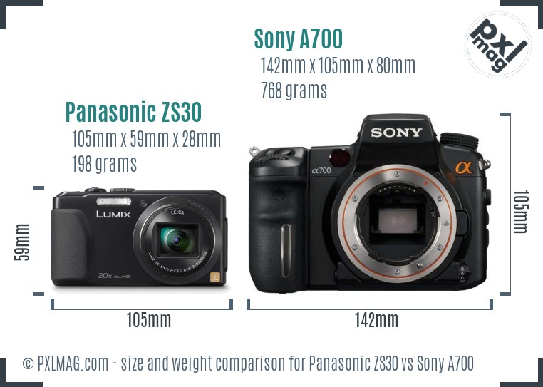 Panasonic ZS30 vs Sony A700 size comparison Panasonic ZS30 vs Sony A700 size comparison