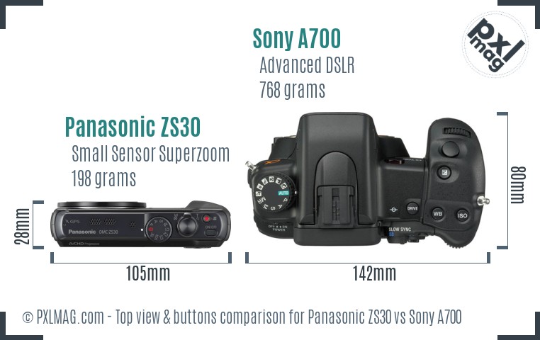 Panasonic ZS30 vs Sony A700 top view buttons comparison