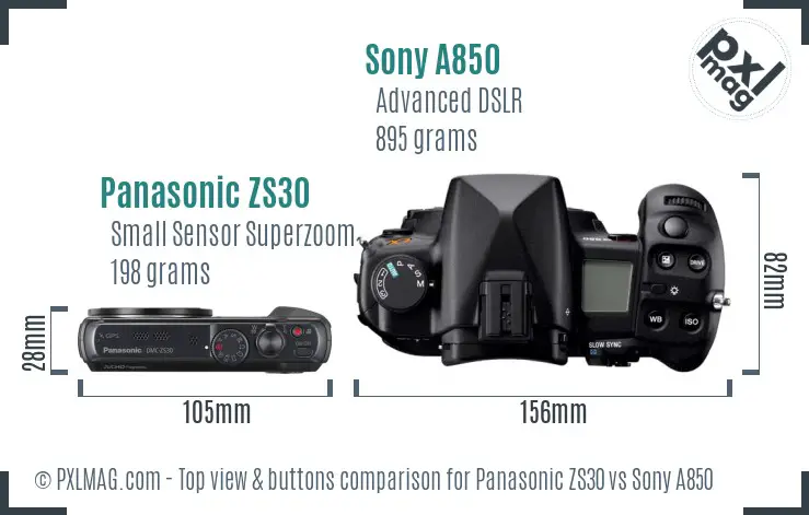 Panasonic ZS30 vs Sony A850 top view buttons comparison Panasonic ZS30 vs Sony A850 top view buttons comparison