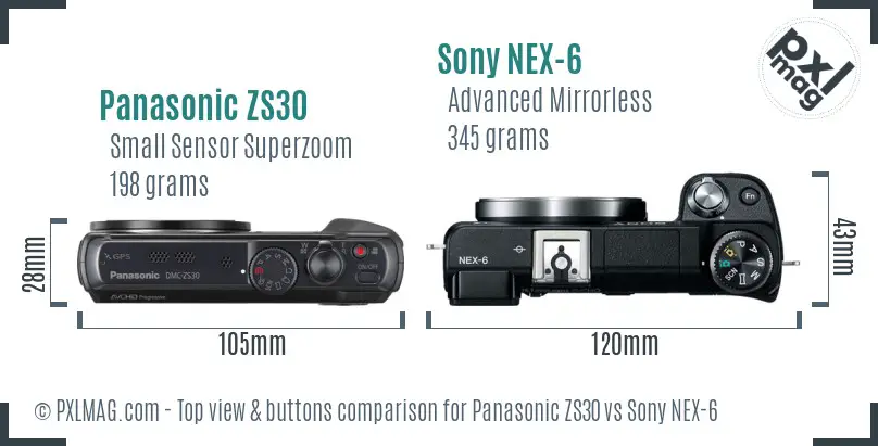 Panasonic ZS30 vs Sony NEX-6 top view buttons comparison