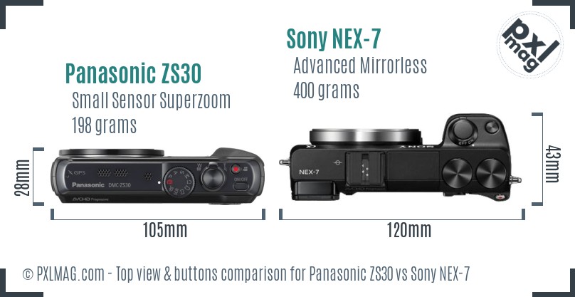 Panasonic ZS30 vs Sony NEX-7 top view buttons comparison