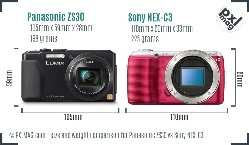 Panasonic ZS30 vs Sony NEX-C3 size comparison