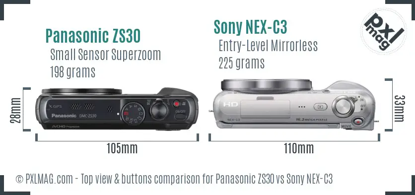 Panasonic ZS30 vs Sony NEX-C3 top view buttons comparison