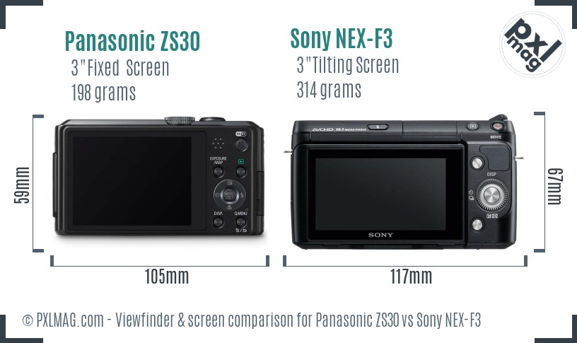 Panasonic ZS30 vs Sony NEX-F3 Screen and Viewfinder comparison