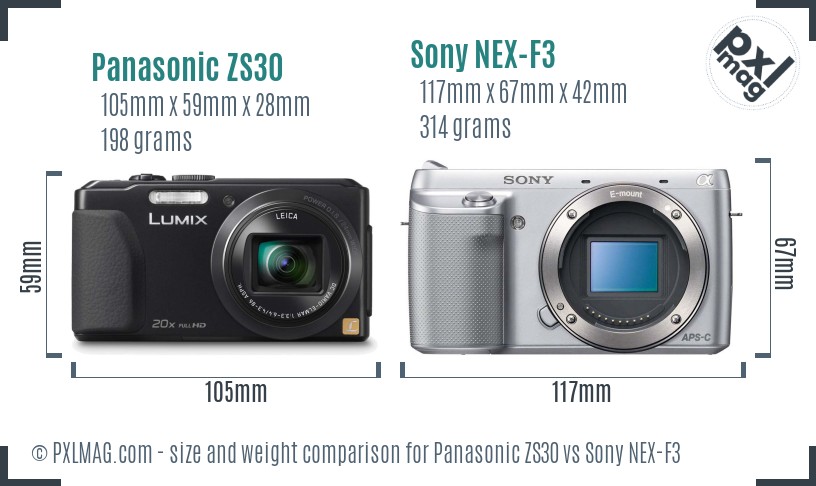 Panasonic ZS30 vs Sony NEX-F3 size comparison