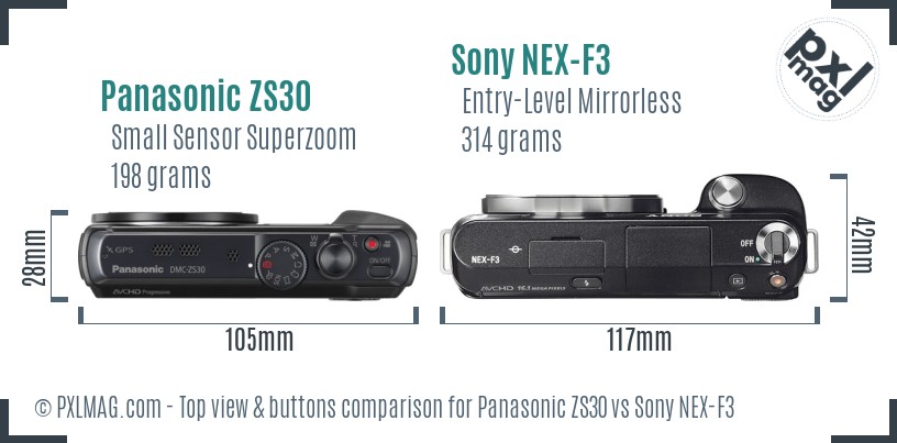 Panasonic ZS30 vs Sony NEX-F3 top view buttons comparison