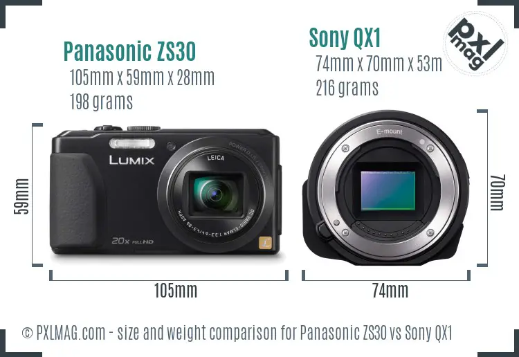 Panasonic ZS30 vs Sony QX1 size comparison