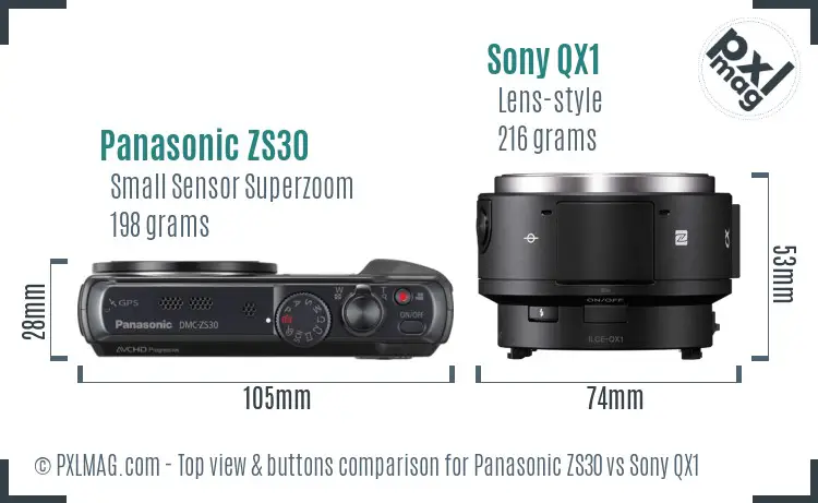 Panasonic ZS30 vs Sony QX1 top view buttons comparison