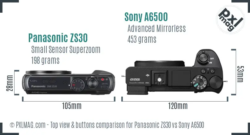 Panasonic ZS30 vs Sony A6500 top view buttons comparison