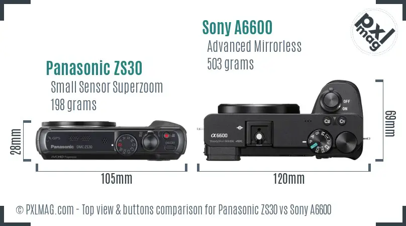 Panasonic ZS30 vs Sony A6600 top view buttons comparison Panasonic ZS30 vs Sony A6600 top view buttons comparison