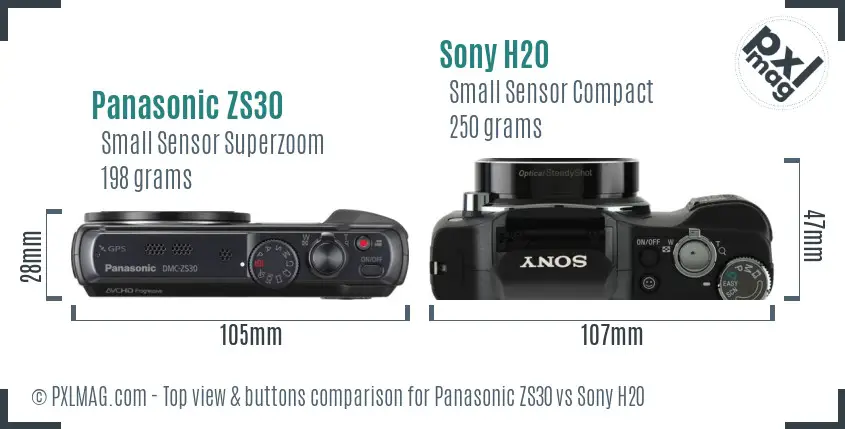 Panasonic ZS30 vs Sony H20 top view buttons comparison Panasonic ZS30 vs Sony H20 top view buttons comparison