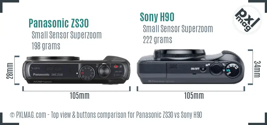 Panasonic ZS30 vs Sony H90 top view buttons comparison Panasonic ZS30 vs Sony H90 top view buttons comparison