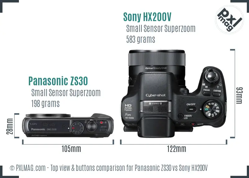 Panasonic ZS30 vs Sony HX200V top view buttons comparison