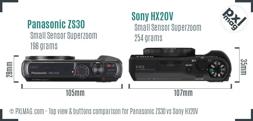 Panasonic ZS30 vs Sony HX20V top view buttons comparison