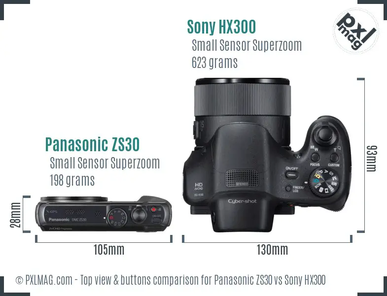 Panasonic ZS30 vs Sony HX300 top view buttons comparison
