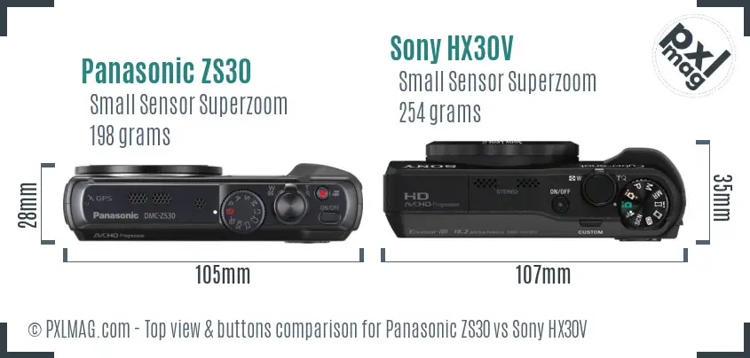 Panasonic ZS30 vs Sony HX30V top view buttons comparison