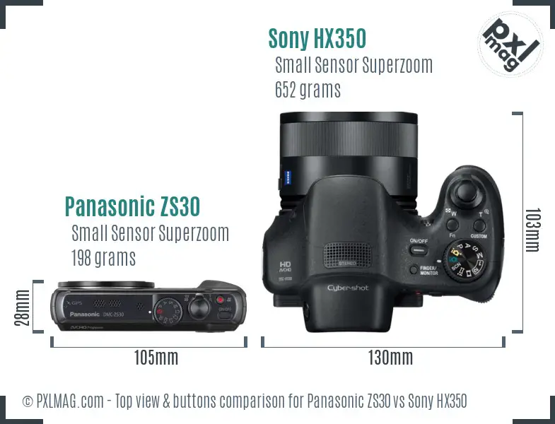 Panasonic ZS30 vs Sony HX350 top view buttons comparison