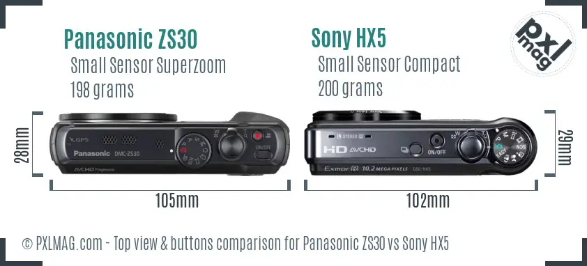 Panasonic ZS30 vs Sony HX5 top view buttons comparison