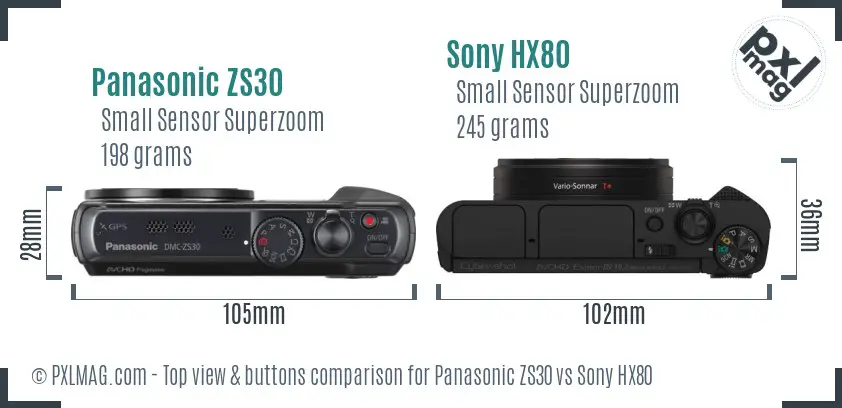 Panasonic ZS30 vs Sony HX80 top view buttons comparison Panasonic ZS30 vs Sony HX80 top view buttons comparison
