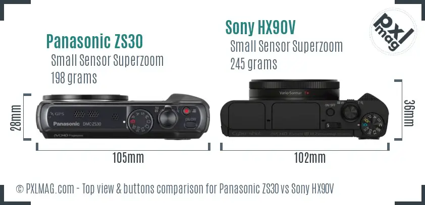 Panasonic ZS30 vs Sony HX90V top view buttons comparison