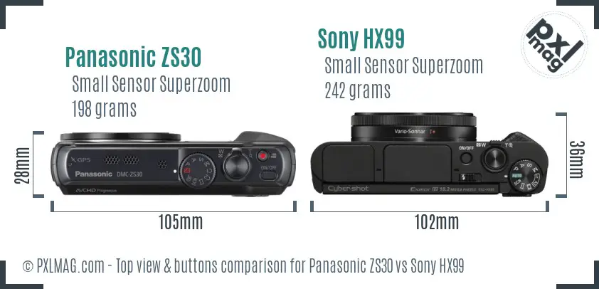 Panasonic ZS30 vs Sony HX99 top view buttons comparison