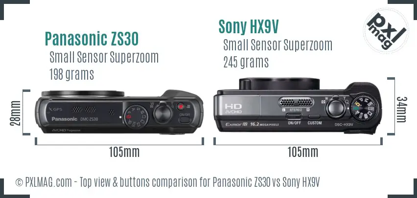 Panasonic ZS30 vs Sony HX9V top view buttons comparison