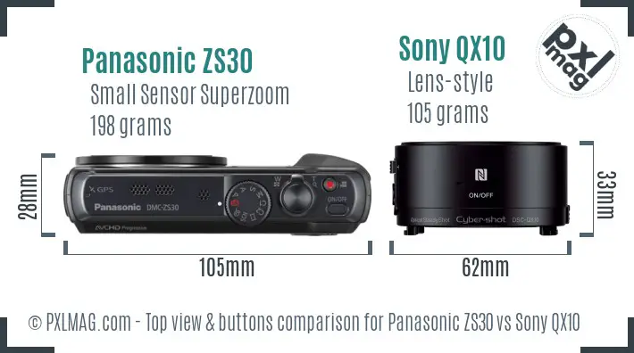 Panasonic ZS30 vs Sony QX10 top view buttons comparison