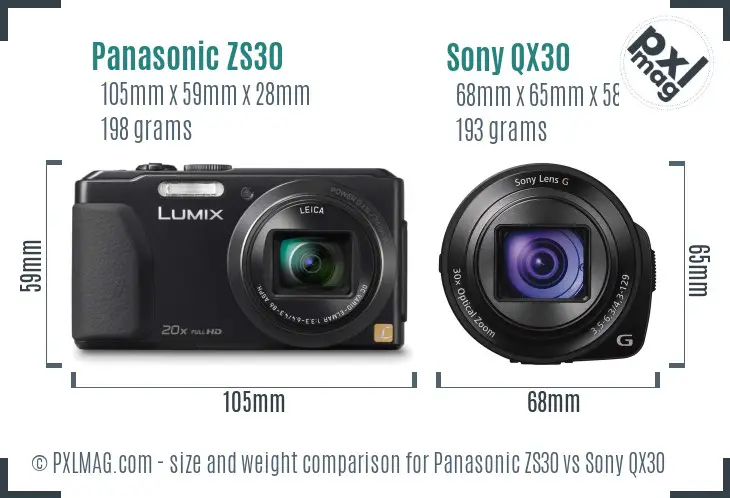 Panasonic ZS30 vs Sony QX30 size comparison Panasonic ZS30 vs Sony QX30 size comparison