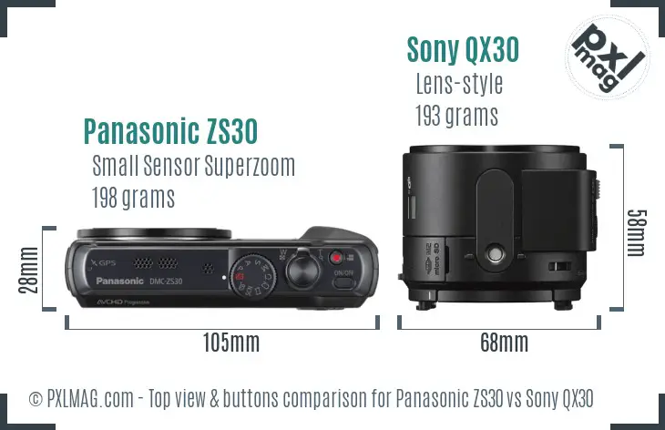 Panasonic ZS30 vs Sony QX30 top view buttons comparison Panasonic ZS30 vs Sony QX30 top view buttons comparison