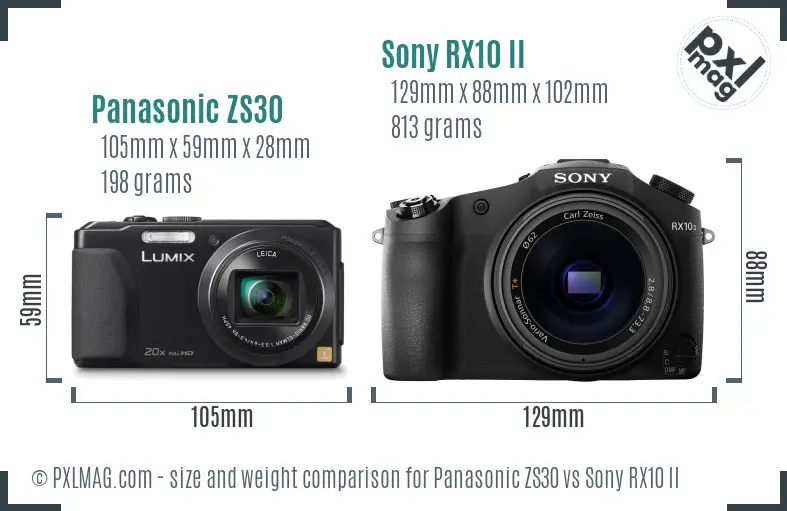 Panasonic ZS30 vs Sony RX10 II size comparison