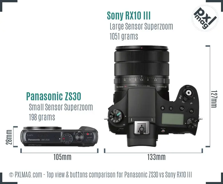 Panasonic ZS30 vs Sony RX10 III top view buttons comparison