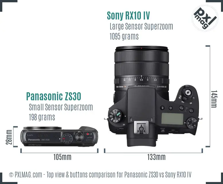 Panasonic ZS30 vs Sony RX10 IV top view buttons comparison