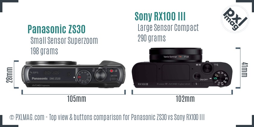 Panasonic ZS30 vs Sony RX100 III top view buttons comparison
