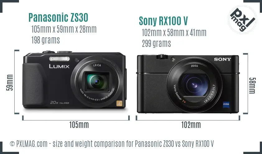 Panasonic ZS30 vs Sony RX100 V size comparison