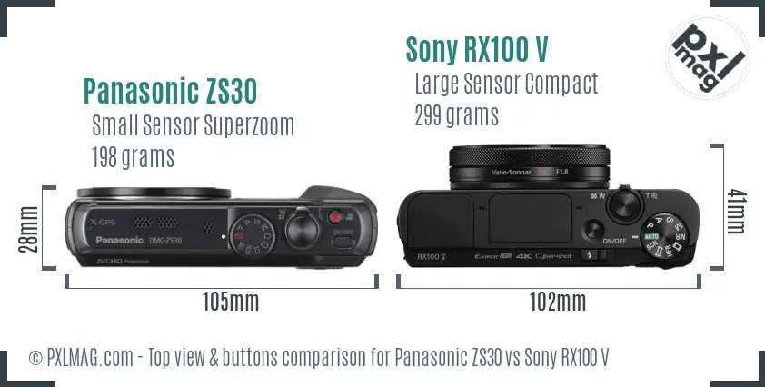 Panasonic ZS30 vs Sony RX100 V top view buttons comparison