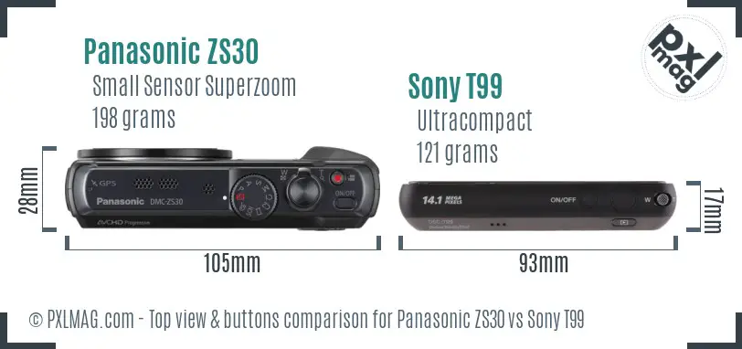 Panasonic ZS30 vs Sony T99 top view buttons comparison Panasonic ZS30 vs Sony T99 top view buttons comparison