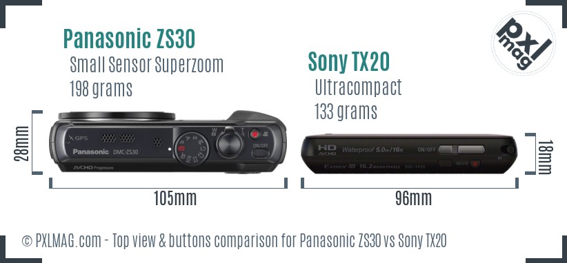 Panasonic ZS30 vs Sony TX20 top view buttons comparison