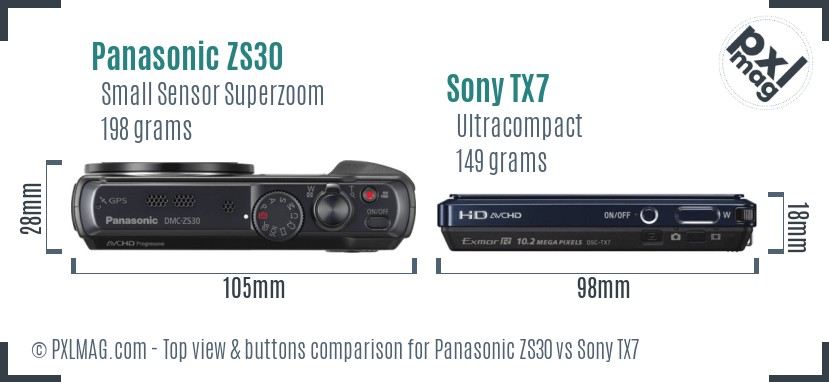 Panasonic ZS30 vs Sony TX7 top view buttons comparison
